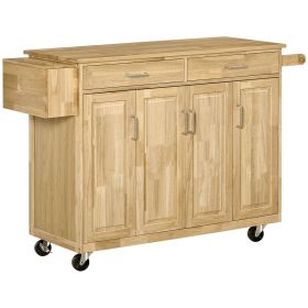 Kitchen Island on Wheels, Natural Hardwood Kitchen Cart with Drawers, Storage Cabinets, and Tool Caddy, Microwave Cart for Dining Room, 54 Inches