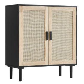 Rattan Cabinet Storage with 2 Magnetic Doors and Adjustable Shelves Black