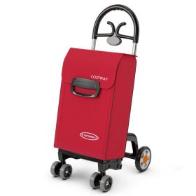 Folding Shopping Cart Utility Hand Truck with Rolling Swivel Wheels (Color: Red)